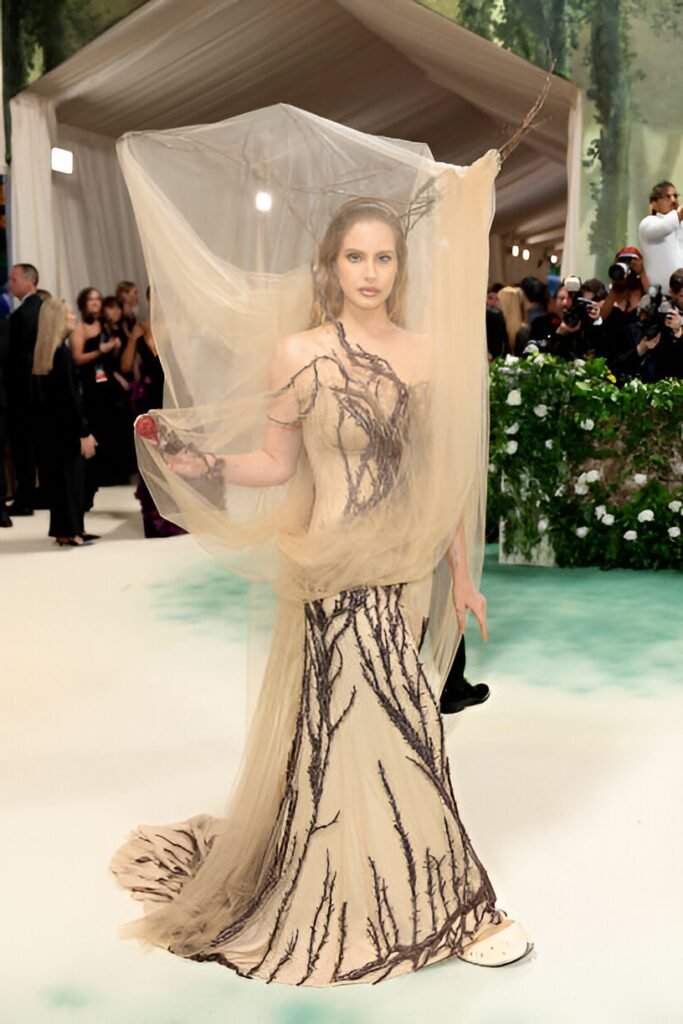 Nude Tulle Gown with Branch Embroidery + Matching Branch Headpiece + Sheer Veil