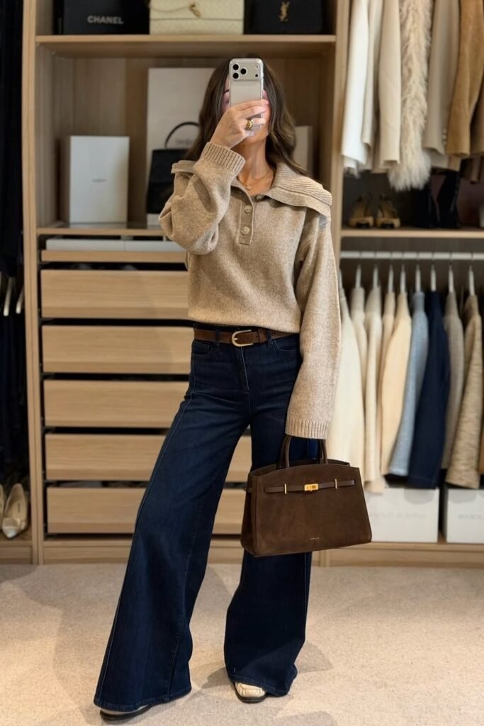 Oatmeal Polo-Collar Sweater + Dark Wash Wide-Leg Jeans + Brown Leather Belt