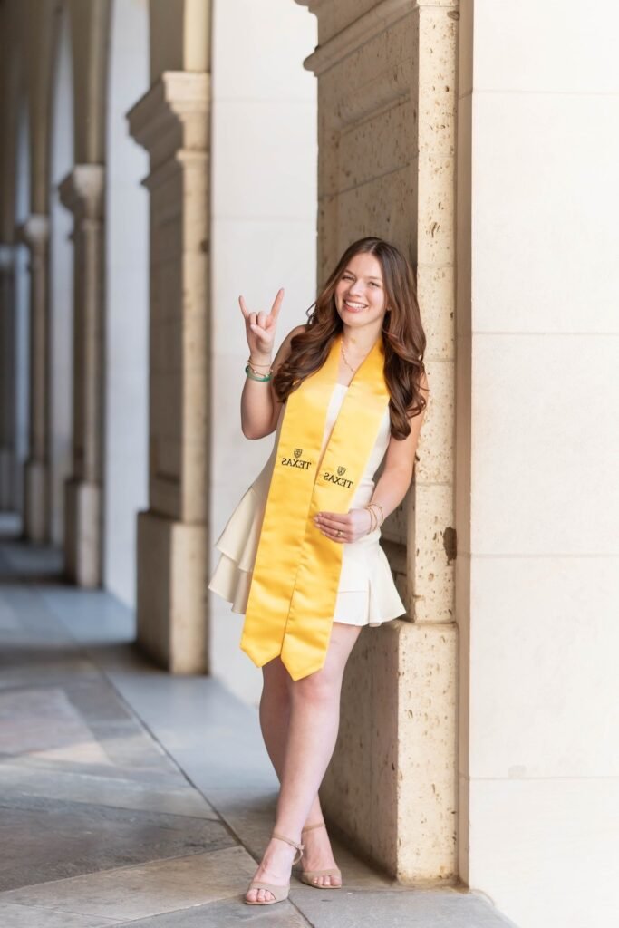Off-White Layered Ruffle Mini Dress + Yellow Texas Graduation Stole + Nude Strappy Heeled Sandals