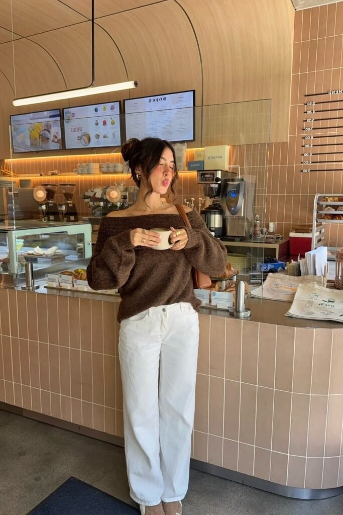 Off-the-Shoulder Brown Knit Sweater + White Baggy Jeans + Tan Sneakers