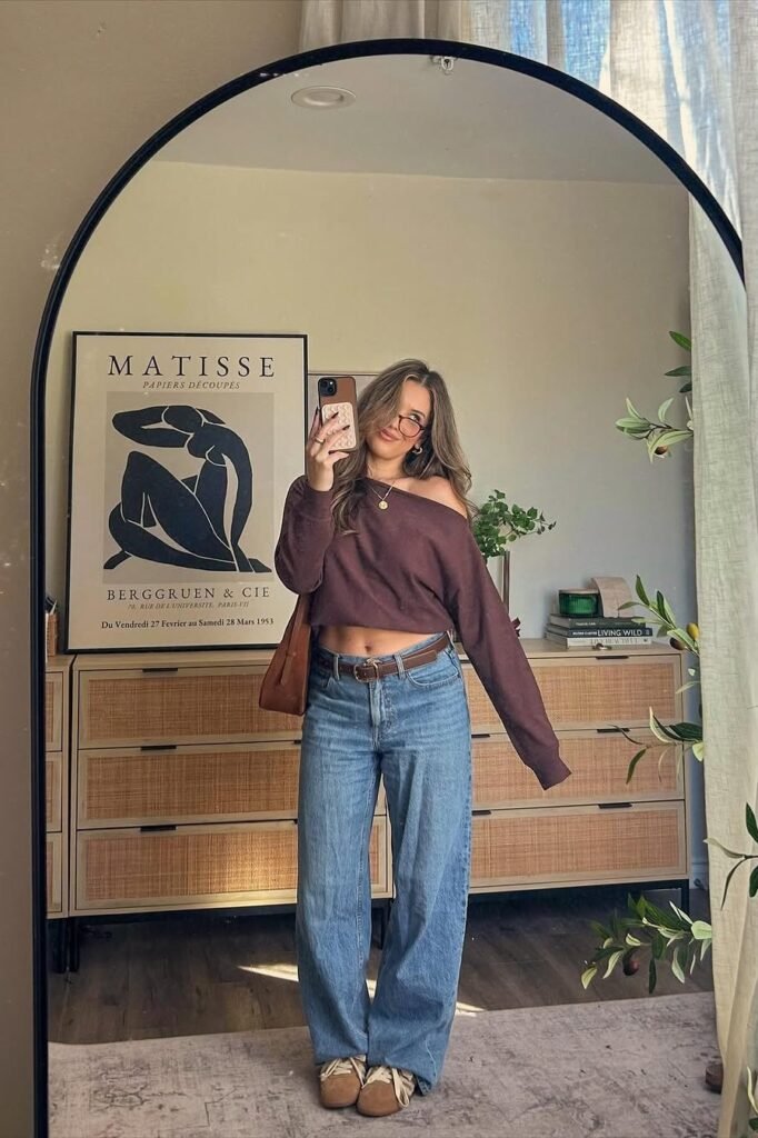 Off-the-Shoulder Plum Long Sleeve Top + Relaxed Blue Jeans + Tan Suede Sneakers