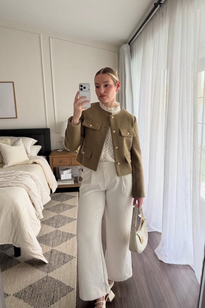 Olive Cropped Utility Jacket + White Lace Blouse + White Wide-Leg Trousers + Cream Strappy Heels