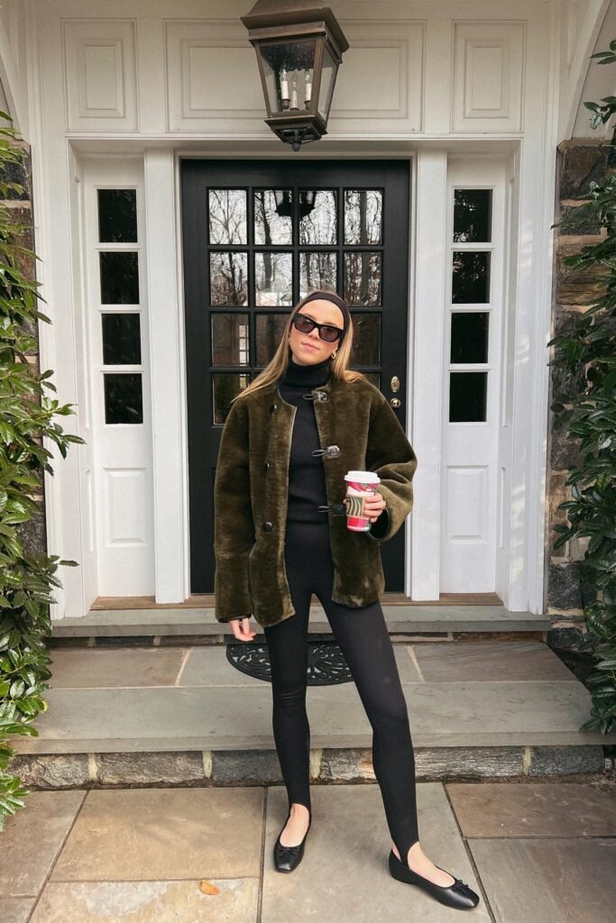 Olive Faux-Fur Coat + Black Turtleneck + Black Stirrup Leggings + Black Ballet Flats