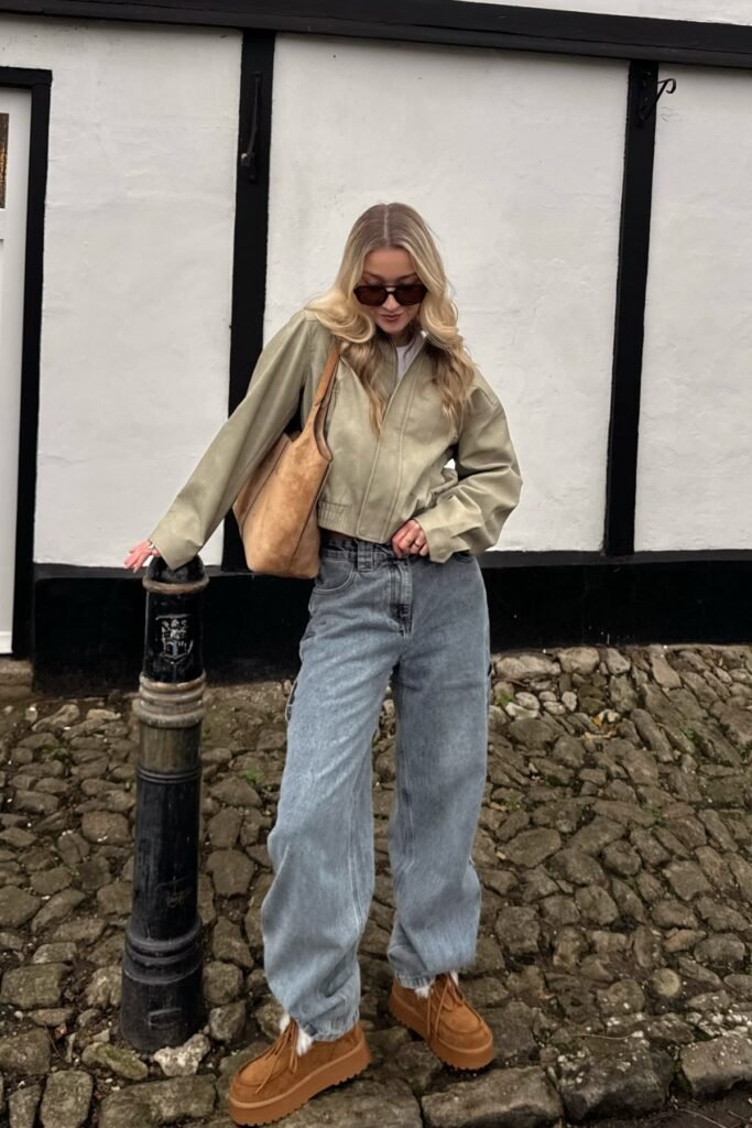 Olive Green Bomber Jacket + Baggy Acid Wash Jeans + Tan Platform Loafers