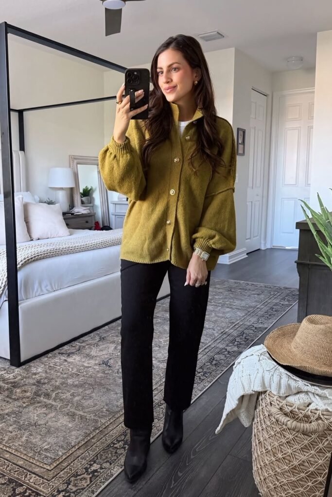 Olive Green Button-Up Cardigan + Black Straight-Leg Trousers + Black Pointed-Toe Boots