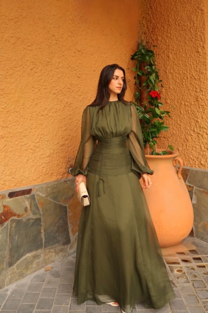 Olive Green Chiffon Balloon-Sleeve Gown + White Strappy Sandals + Cream Rectangular Clutch