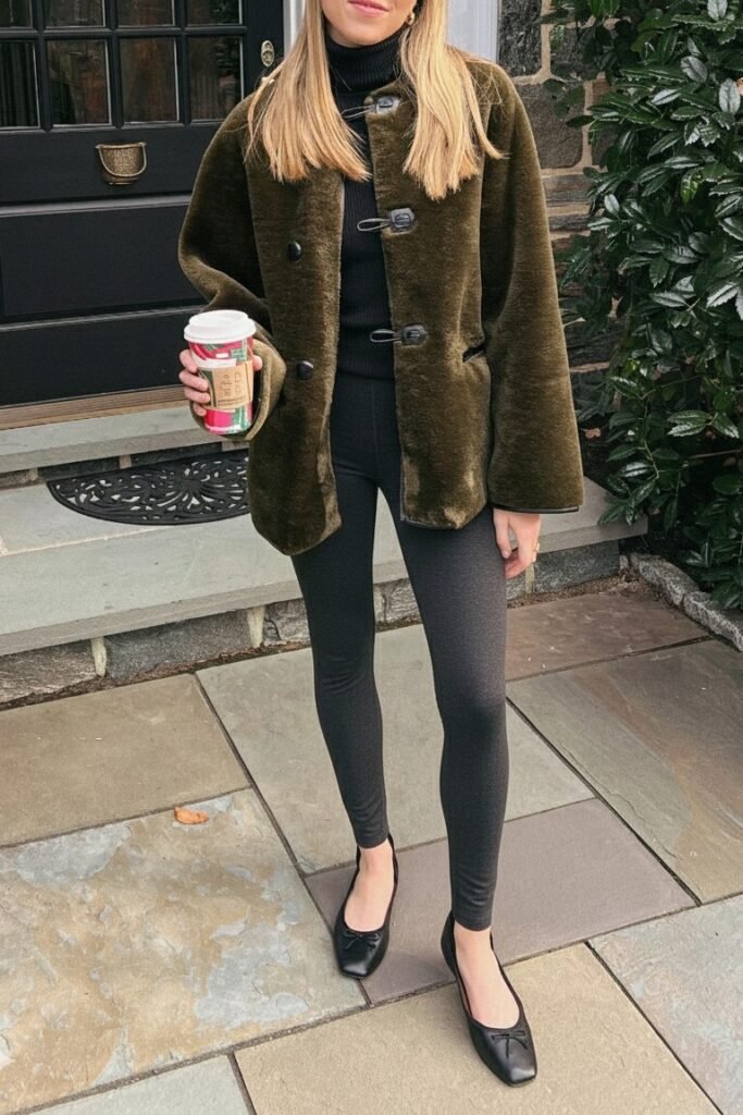 Olive Green Faux Fur Coat + Black Turtleneck + Charcoal Grey Leggings + Black Ballet Flats