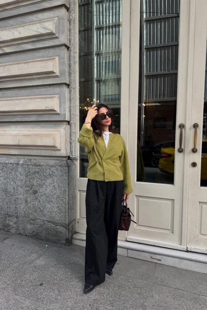 Olive Green Knit Cardigan + Black Tailored Wide-Leg Pants + White T-Shirt + Black Pointed-Toe Boots