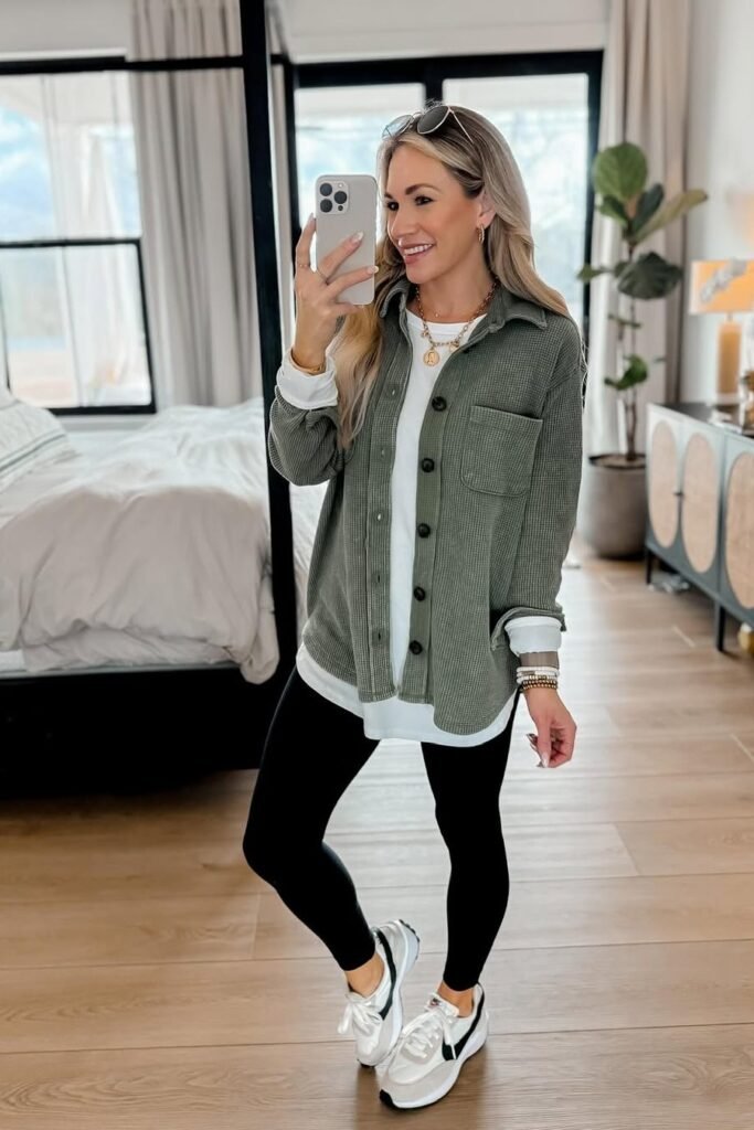 Olive Green Waffle-Knit Shacket + White Longline Tee + Black Leggings + Nike Sneakers