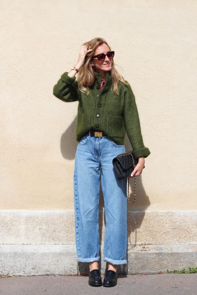 Olive Green Wool Cardigan + Black Belt + Baggy Light Wash Jeans + Black Leather Loafers