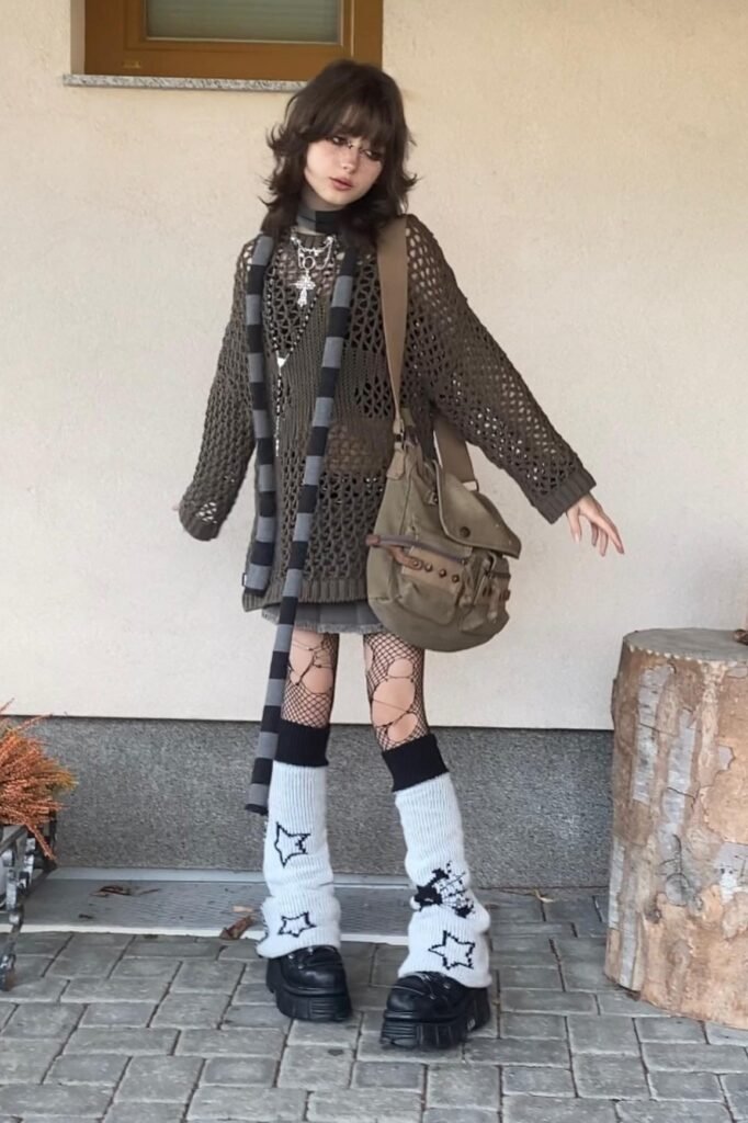 Olive Open-Knit Oversized Sweater + Ripped Fishnet Tights + Star Print Leg Warmers + Black Platform Loafers