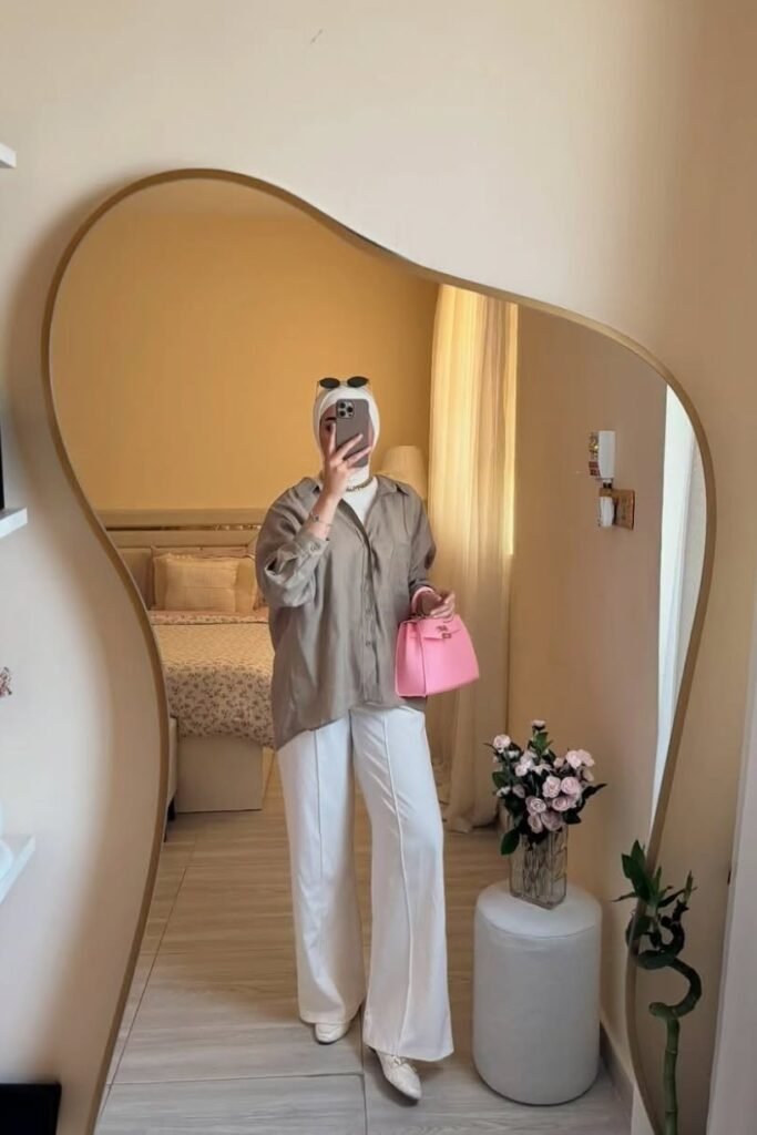 Olive Oversized Button-Down + White Wide-Leg Trousers + White Loafers