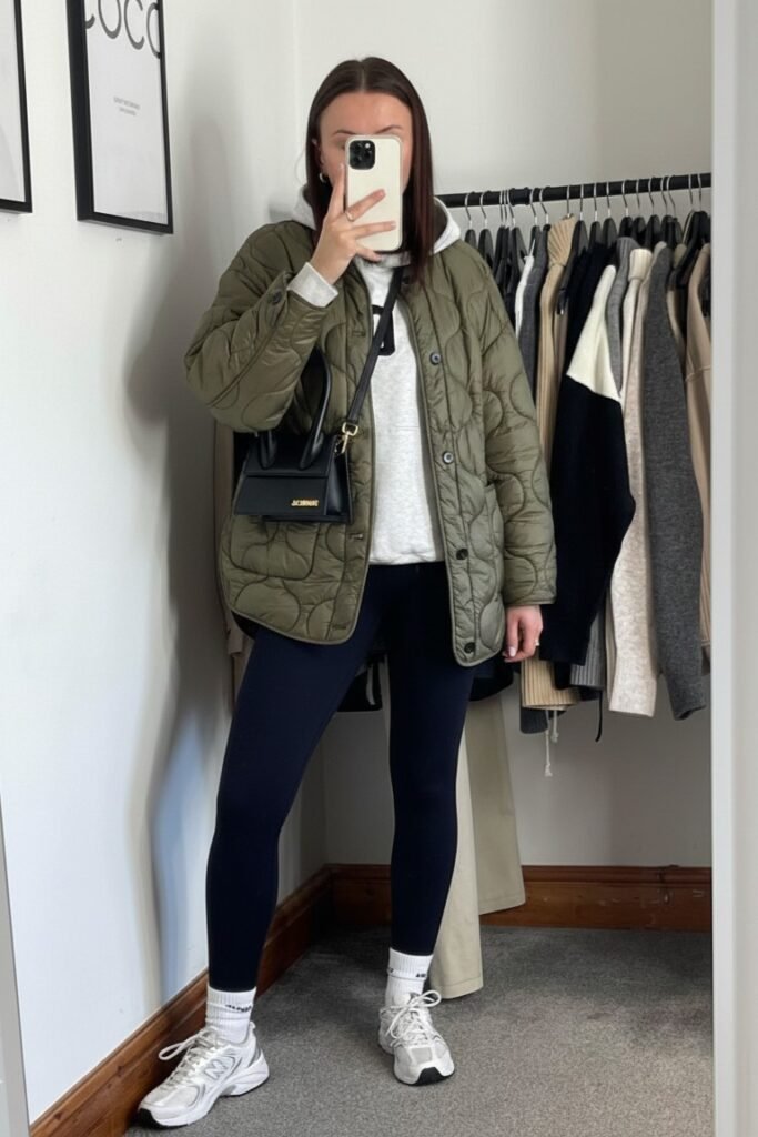 Olive Quilted Jacket + Grey Hoodie + Navy Leggings + White Sneakers