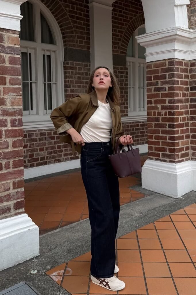 Olive Utility Jacket + White Ribbed Top + Black Wide-Leg Jeans