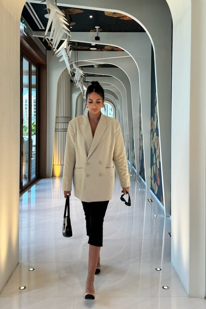Oversized Beige Double-Breasted Blazer + Black Capri Leggings + Two-Tone Slingback Heels