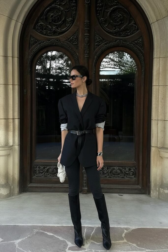Oversized Black Belted Blazer + Black Skinny Pants + Black Pointed-Toe Knee-High Boots