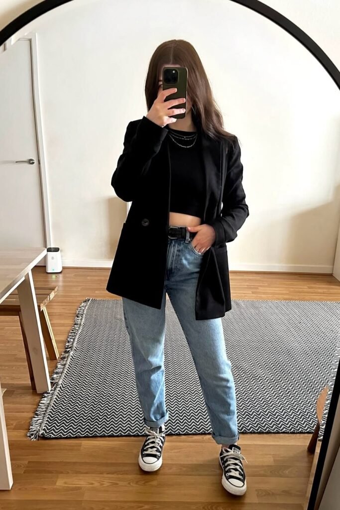 Oversized Black Blazer + Black Crop Top + Light Wash Straight Jeans + Black and White High-Top Sneakers