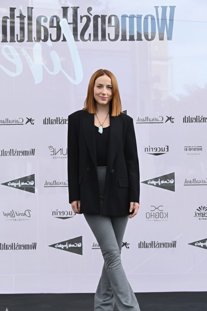 Oversized Black Blazer + Black Top + Grey Flared Leggings