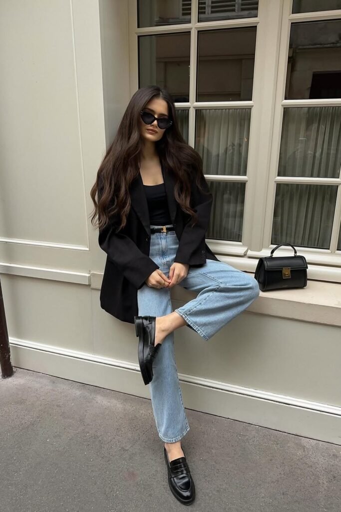 Oversized Black Blazer + Light Wash Straight Jeans + Black Loafers
