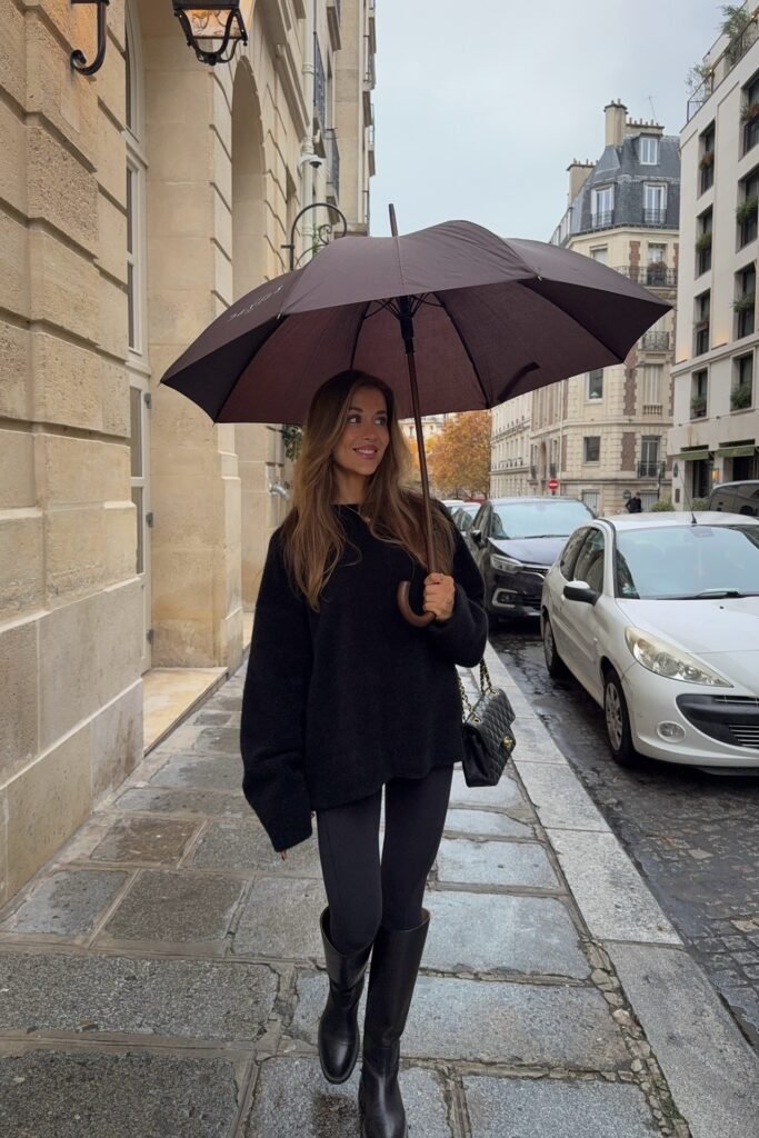 Oversized Black Crewneck Sweater + Black Leggings + Tall Black Leather Boots