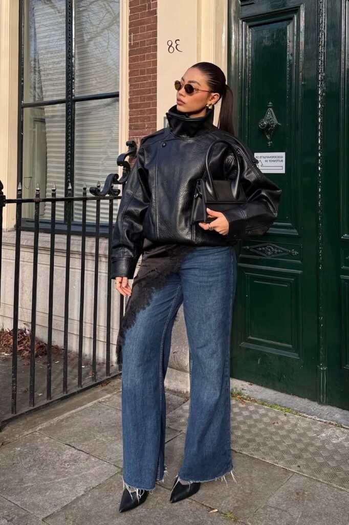 Oversized Black Leather Bomber Jacket + Distressed Wide-Leg Jeans + Black Pointed Toe Boots