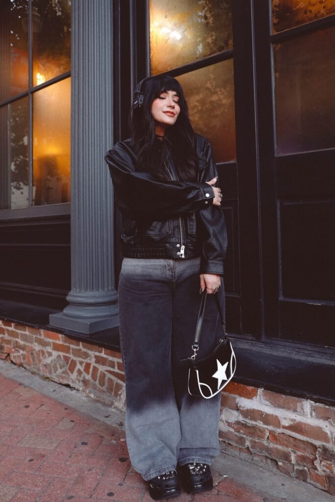 Oversized Black Leather Jacket + Ombré Grey Wide-Leg Jeans + Black Platform Boots