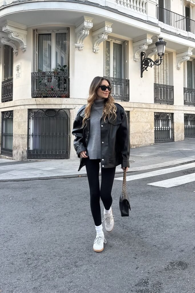 Oversized Black Leather Shacket + Grey Turtleneck Sweater + Black Leggings + White Sneakers with Tall Socks
