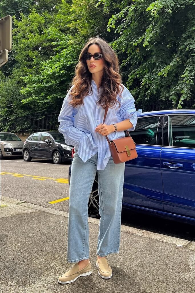 Oversized Blue Striped Shirt + Light Wash Straight-Leg Jeans + Beige Suede Loafers