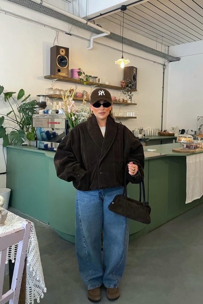 Oversized Brown Corduroy Jacket + Baggy Blue Jeans + Brown Boots + Brown Baseball Cap