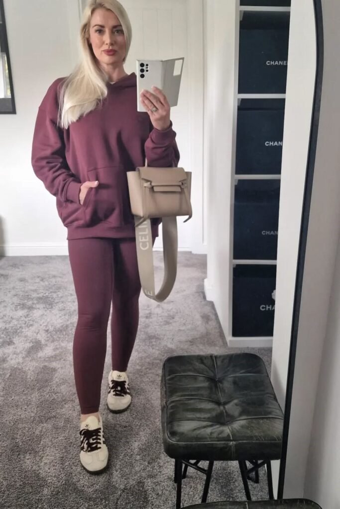 Oversized Burgundy Hoodie + Burgundy Leggings + Cream and Black Sneakers