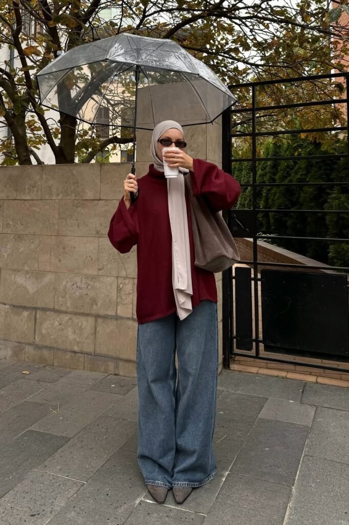 Oversized Burgundy Knit Sweater + Wide-Leg Denim Jeans + Pointed Grey Boots