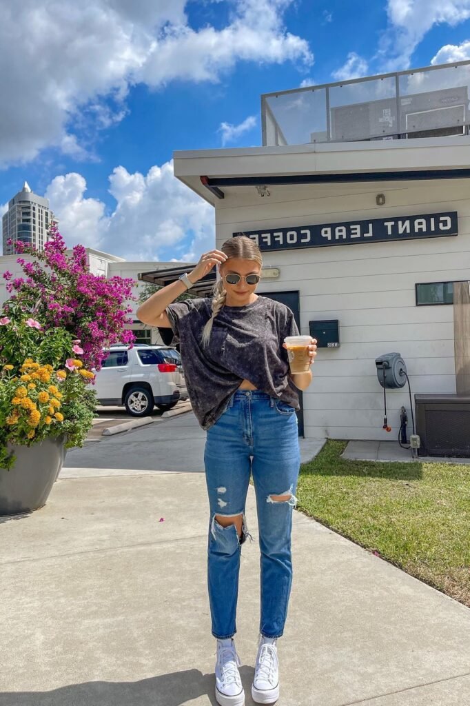 Oversized Charcoal Acid-Wash T-Shirt + Distressed Slim-Fit Jeans + White High-Top Platform Sneakers