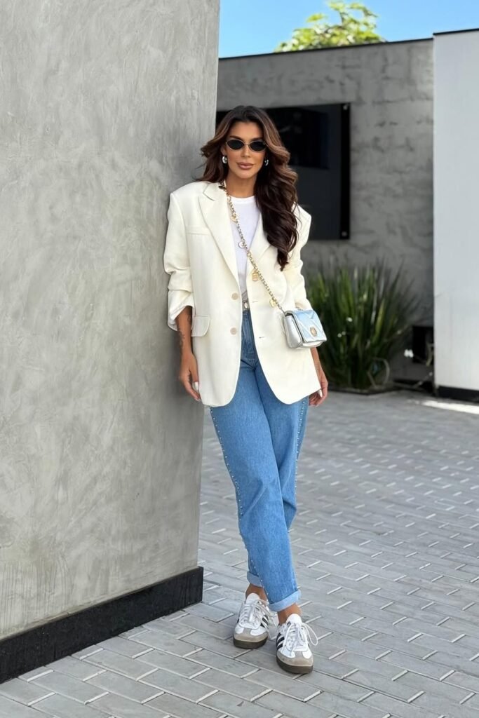 Oversized Cream Blazer + White T-Shirt + Beaded Slim Jeans + White Sneakers