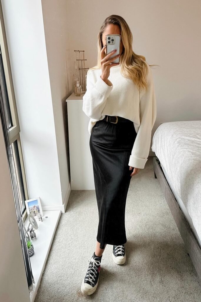 Oversized Cream Sweater + Black Satin Midi Skirt + Black High-Top Sneakers