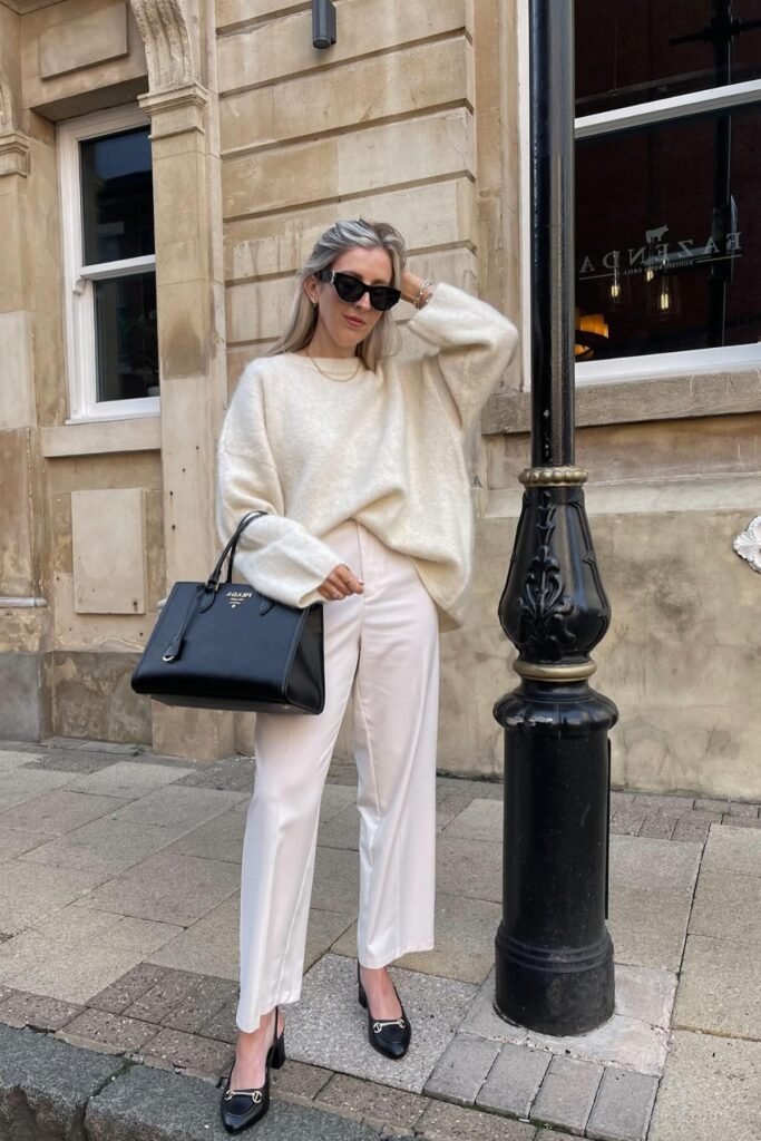 Oversized Cream Sweater + White Straight-Leg Trousers + Black Pointed Slingback Heels