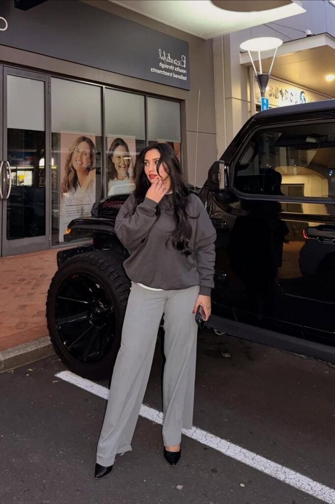 Oversized Dark Grey Sweatshirt + Light Grey Wide-Leg Trousers + Black Pointed-Toe Heels
