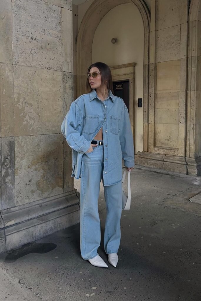 Oversized Denim Shirt + Light Wash Wide-leg Jeans + White Pointed Boots