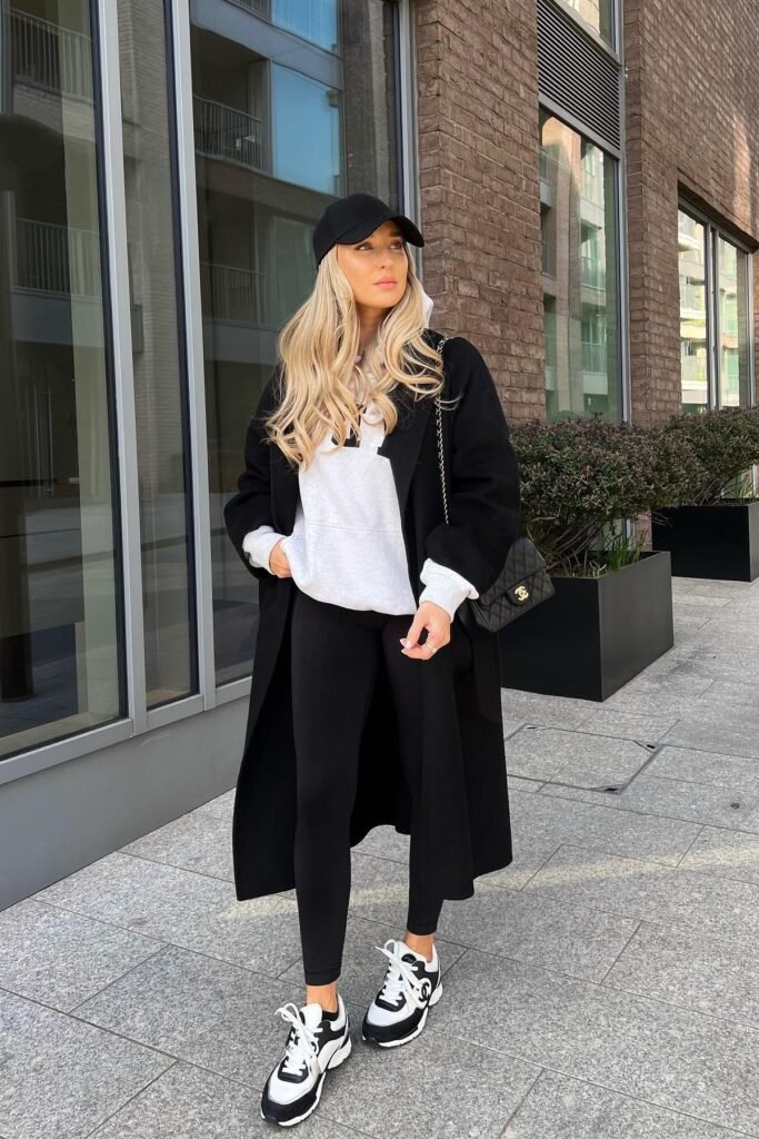 Oversized Grey Hoodie & Black Overcoat + Black Leggings + Black & White Designer Sneakers