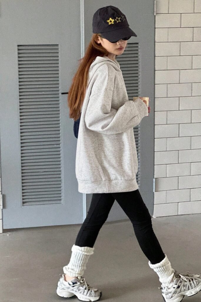 Oversized Light Grey Hoodie + Black Leggings + White Athletic Sneakers