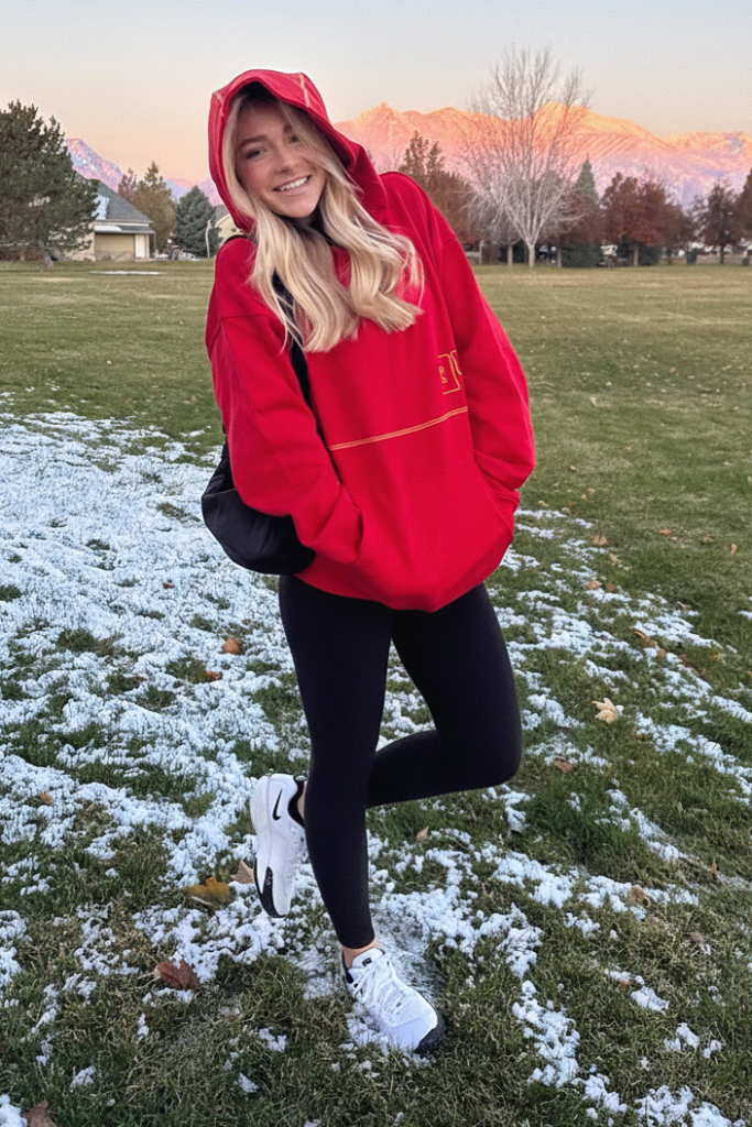 Oversized Red Hoodie + Black Leggings + White Nike Sneakers