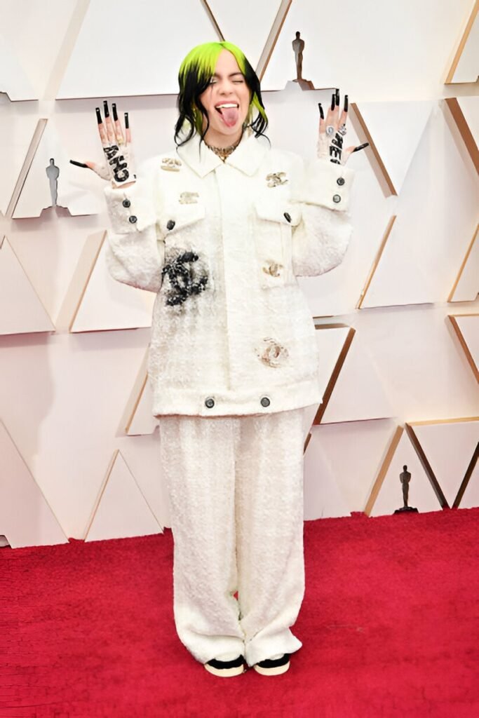 Oversized White Bouclé Chanel Suit + Black Lace Fingerless Gloves + Neon Green and Black Hair + White Platform Sneakers