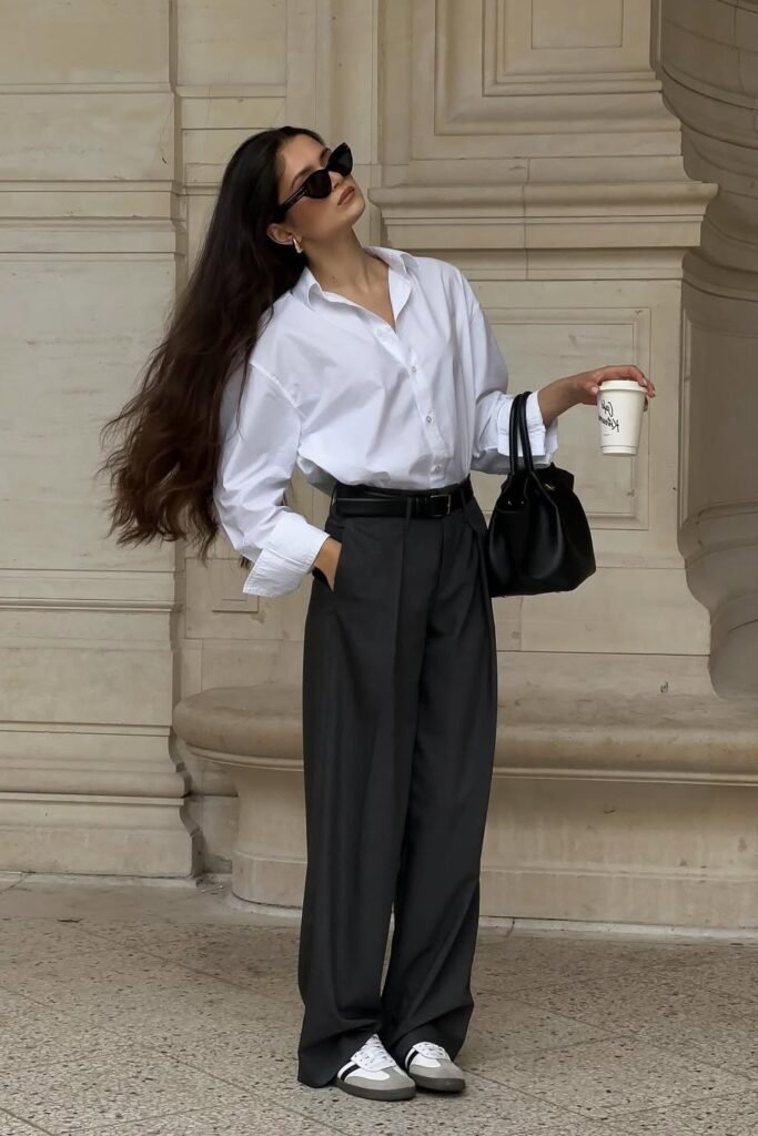 Oversized White Button-Down + Charcoal Wide-Leg Trousers + White & Black Sneakers