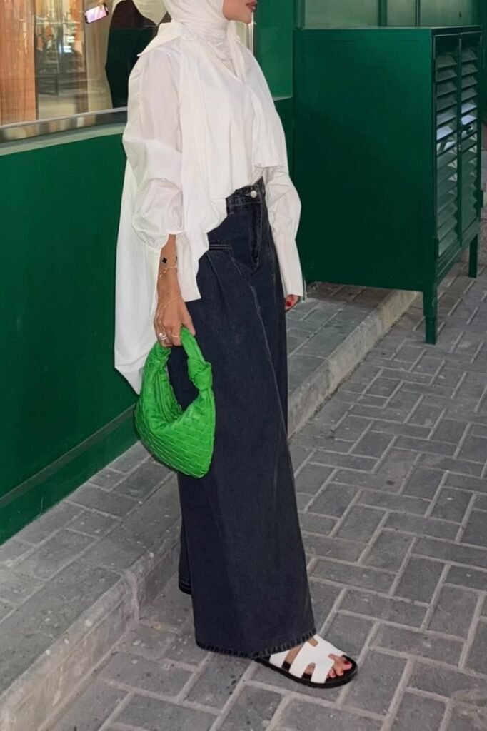 Oversized White Button-Down + Dark Grey Wide-Leg Jeans + White Slide Sandals