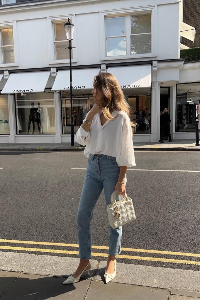 Oversized White Button-Down Shirt + Medium Wash Straight Jeans + White Slingback Heels