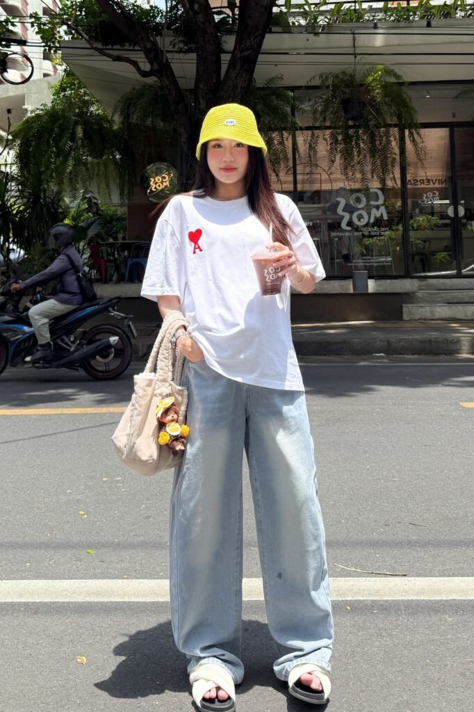 Oversized White Graphic Tee + Light Wash Loose Jeans + White Platform Slides