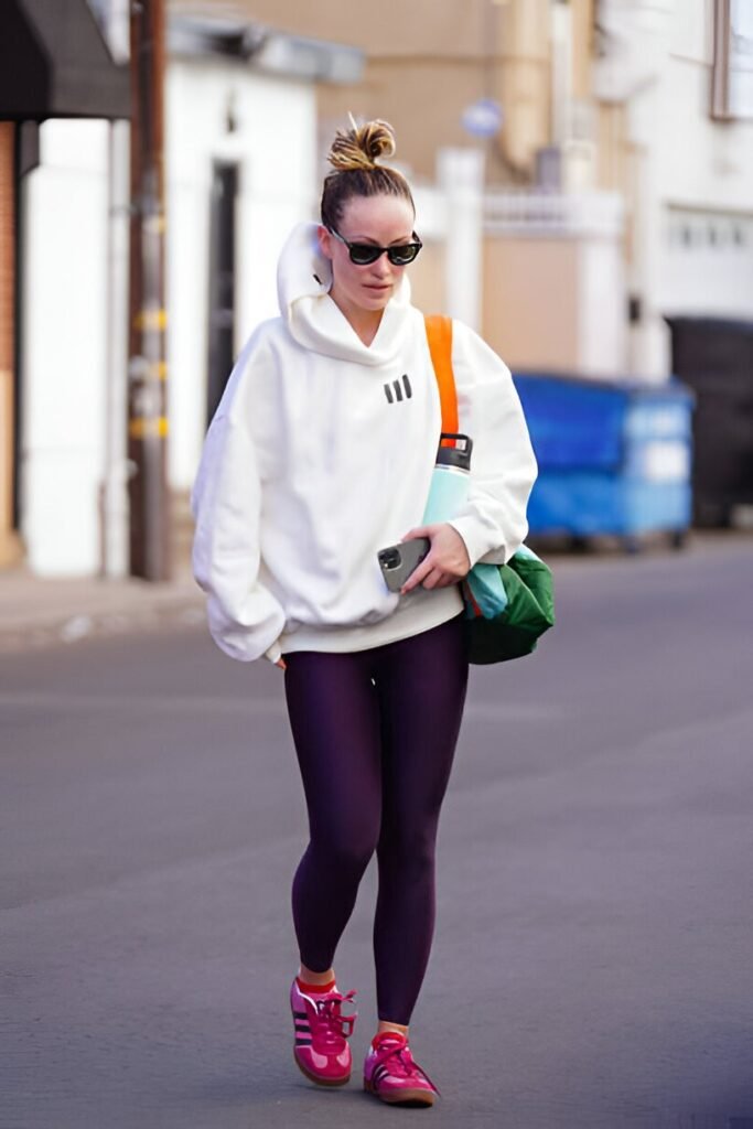 Oversized White Hoodie + Plum Shiny Leggings + Pink and Black Sneakers
