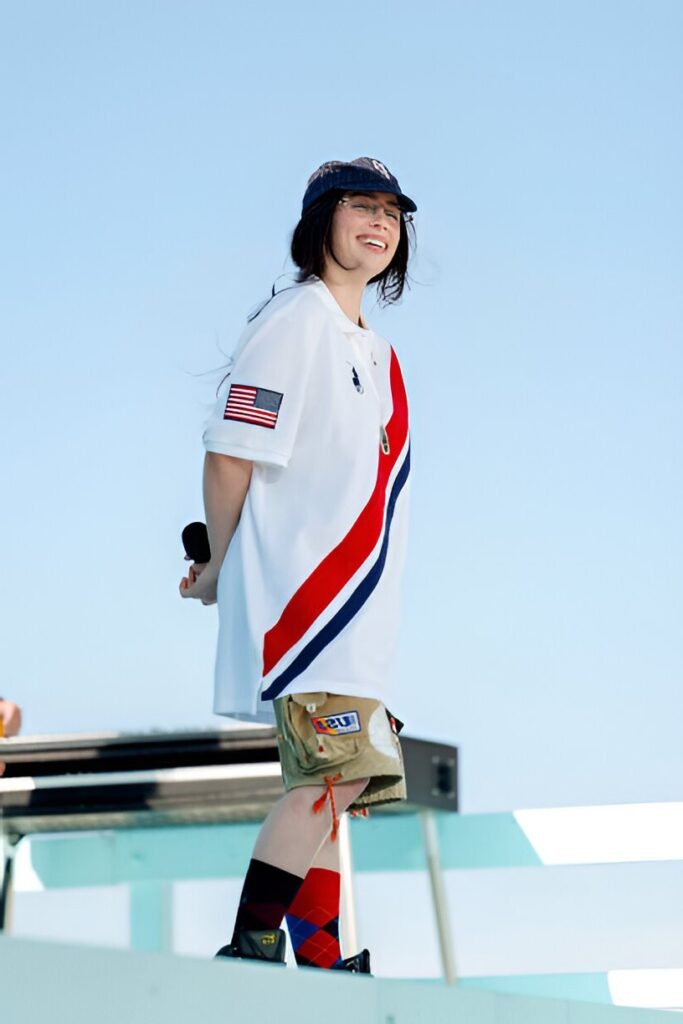Oversized White Polo with Red and Blue Stripes + Khaki Cargo Shorts + Red Argyle Socks + Navy Blue Baseball Cap