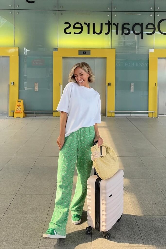 Oversized White T-Shirt + Green Floral Wide-Leg Pants + Green Sneakers