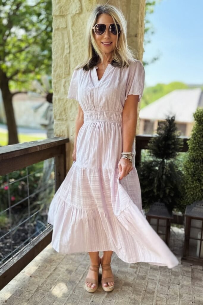 Pale Lavender Tiered Midi Dress + Aviator Sunglasses + Tan Wedge Sandals