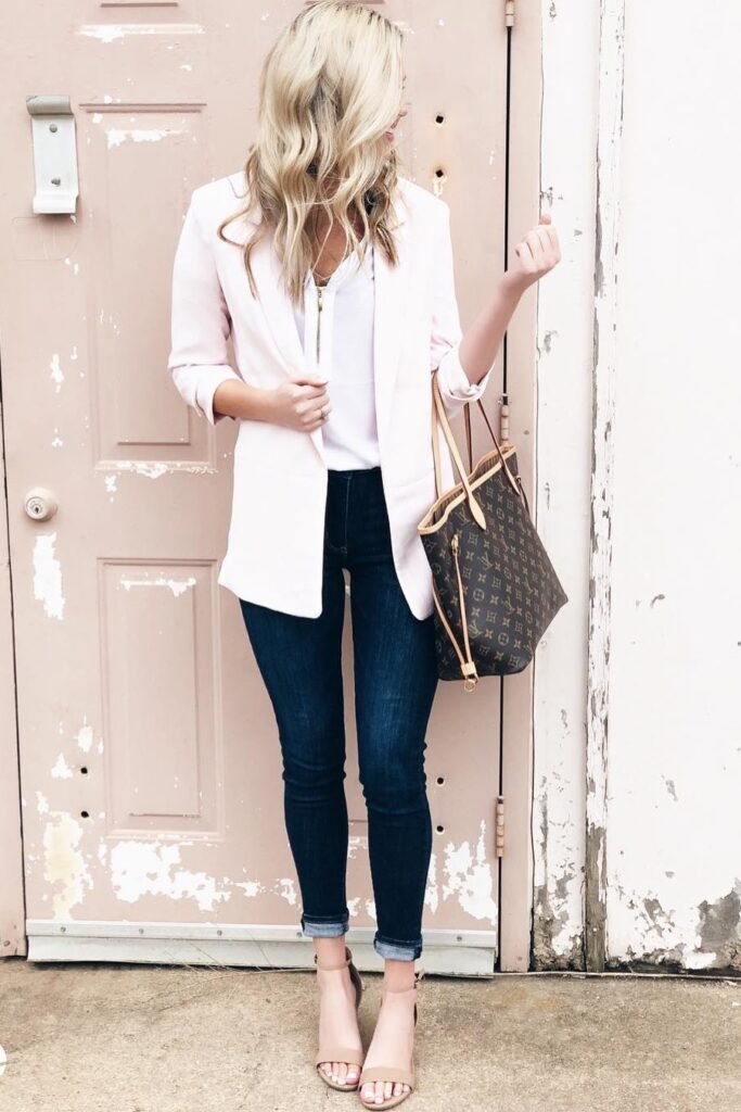 Pale Pink Blazer + White V-Neck Blouse + Dark Wash Skinny Jeans